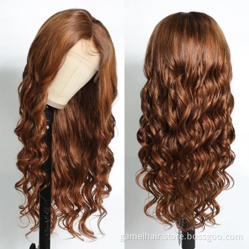 wholesale high quality natural brazilian Auburn Brown Hair Color closure Lace 100%  virgin transparent  body Wave human hair wig